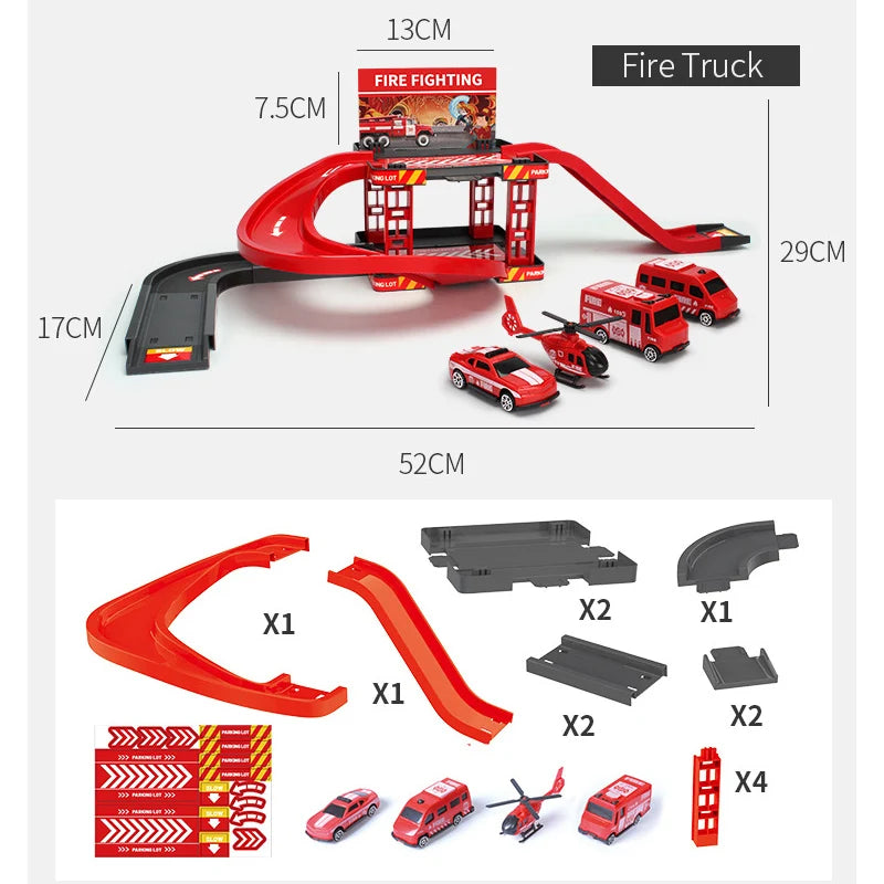 Track Parking Lot Toys Multi-Storey Rail Car Parking Building Fire Police Engineering Vehicle Car Children's Toys
