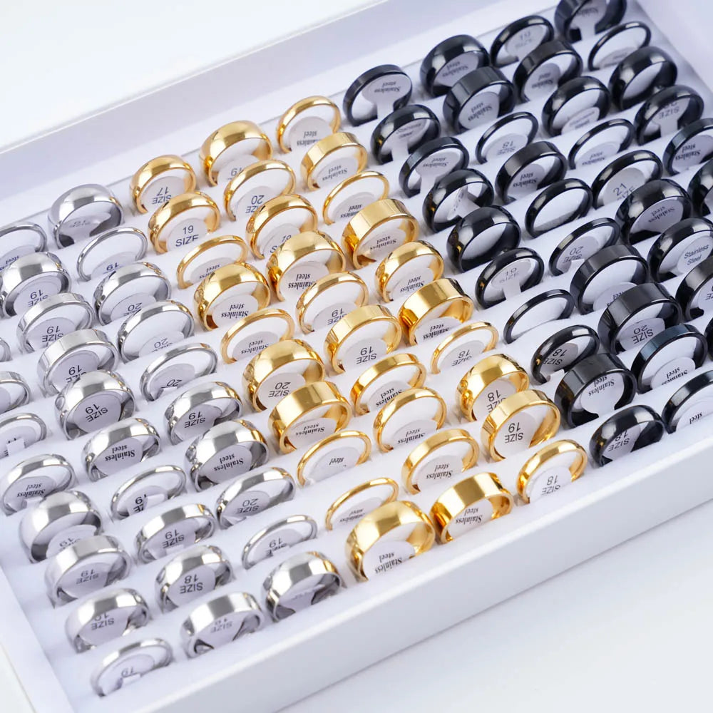 10/20/50/100Pcs/Lot Fashion Stainless Steel Stripe Heart Hollw Rings For Men Women Mix Style Simple Jewelry Party Gifts