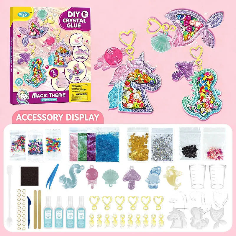 Kids DIY Crystal Glue Keychain Craft Toys Handmade Sparkling Beads Material Pack Kit Creative Children's Birthday Souvenir Gifts