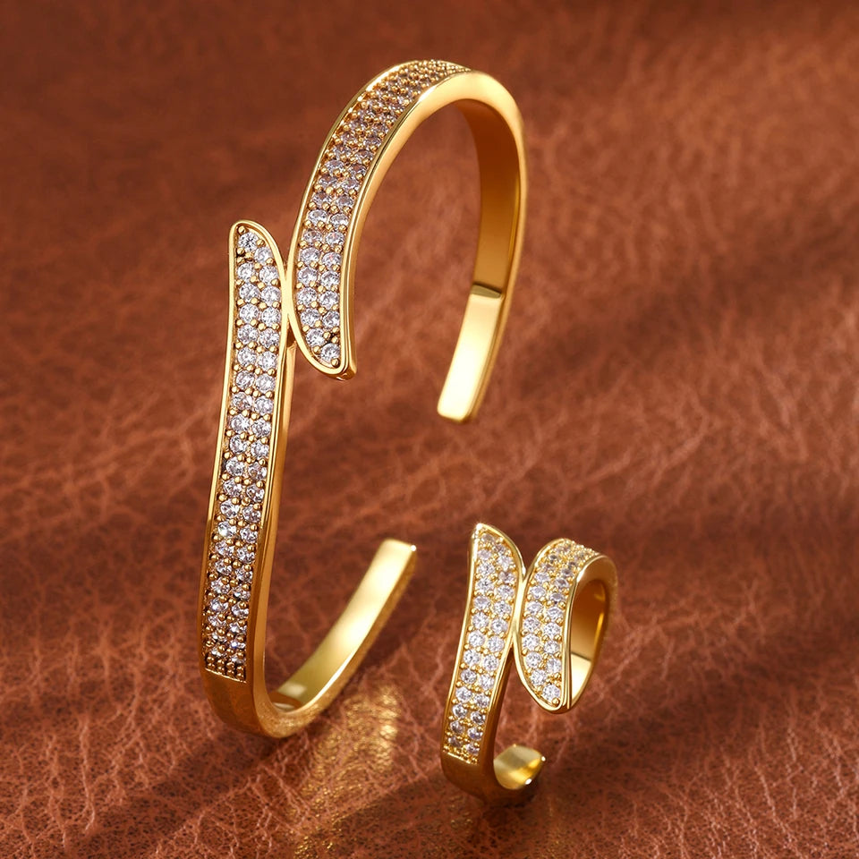 ZAKOL 9 Styles Golden Open Bracelet Ring Jewelry Set Geometric Shiny Zircon 18K Gold Plated Middle East Wedding Party Jewelry