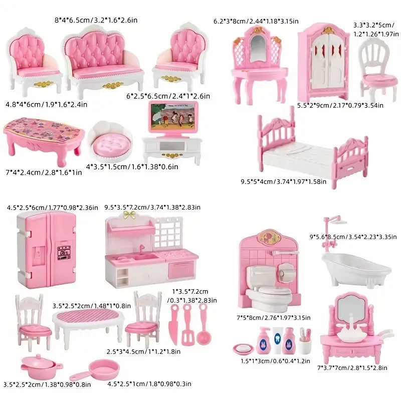 Pink Miniature Dollhouse Furniture Accessories Set Mini House Furniture Room Collection with Bedroom Living Room Kitchen Bathrom