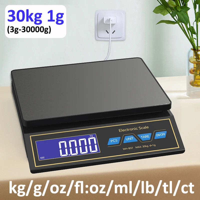 30kg/1g Digital Electronic Kitchen Scale Rechargeable Stainless Steel Household Food Scale Weight Balance with Counting Function