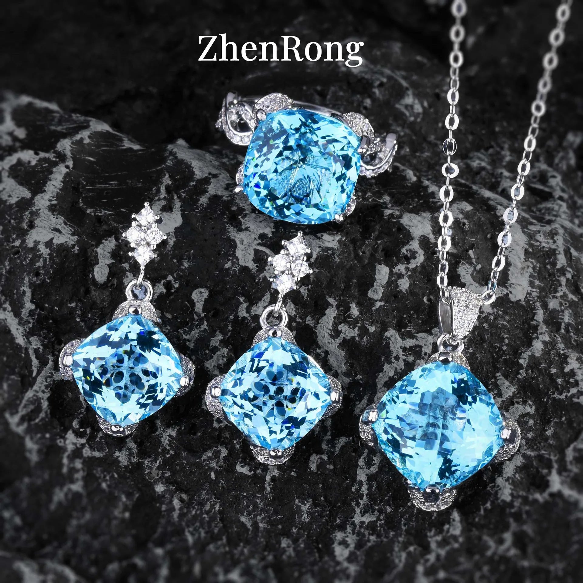 New Women Luxury Simple Bridal Wedding Jewelry Sets 15 Carat Artificial Blue Green Moissanite Pendant Necklaces Earrings Rings