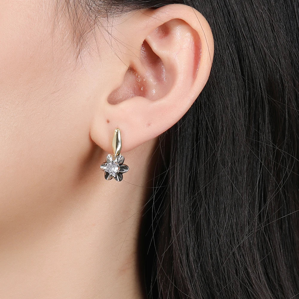 French Petal Inlaid Zircon Earrings and Ring Set, High-End Copper-Plated Two-Tone Gold Fashion Jewelry, Versatile for Commuting