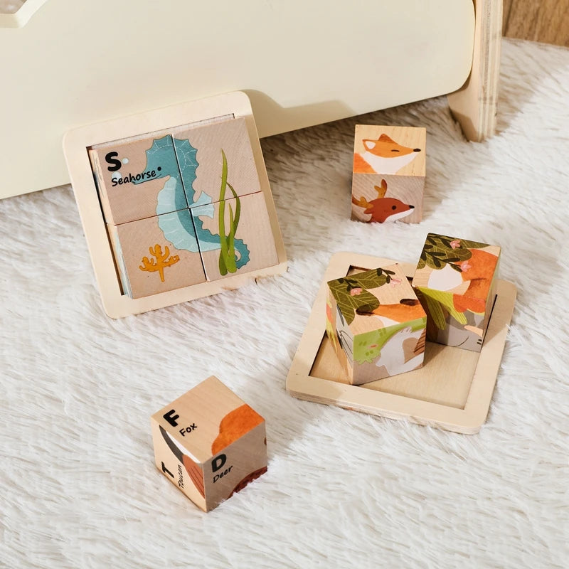 Baby Wooden Blocks Toy Children Six Side Cube Jigsaw Puzzles Game Animal Traffic Cognize Early Learning Educational Toy Kid Gift