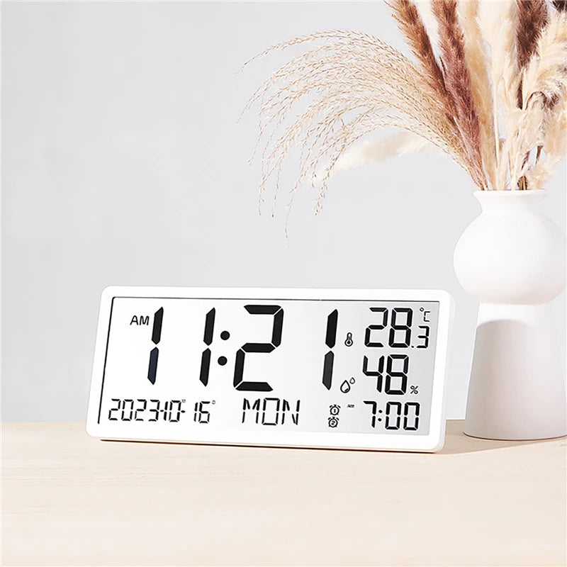 Battery Powered Large Screen LCD Digital Desktop Clock Temperature Humidity Electronic Clock Date Week Time Mute Wall Clock