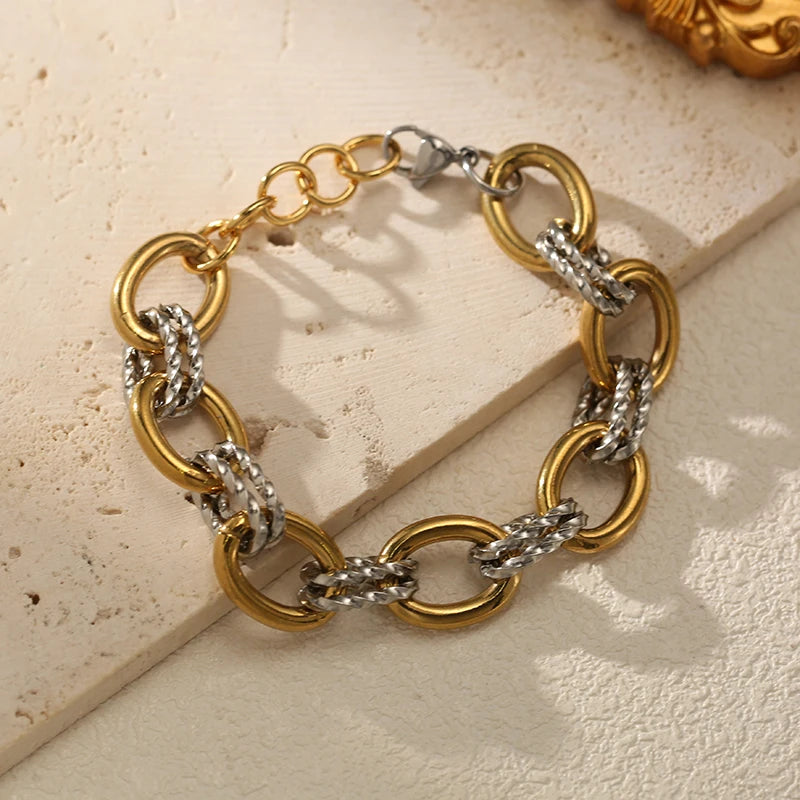 EILIECK 316L Stainless Steel Double Color Oval Necklace Bracelet Set For Women Hip-Hop Punk Twists Neck Chain Jewelry Gift