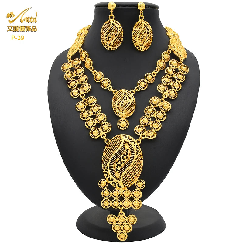 Dubai Indian Necklace Earrings Big Pendant Jewelry Set Gold Color For Women Nigeria African Bridal Wedding Party Jewellery Gifts