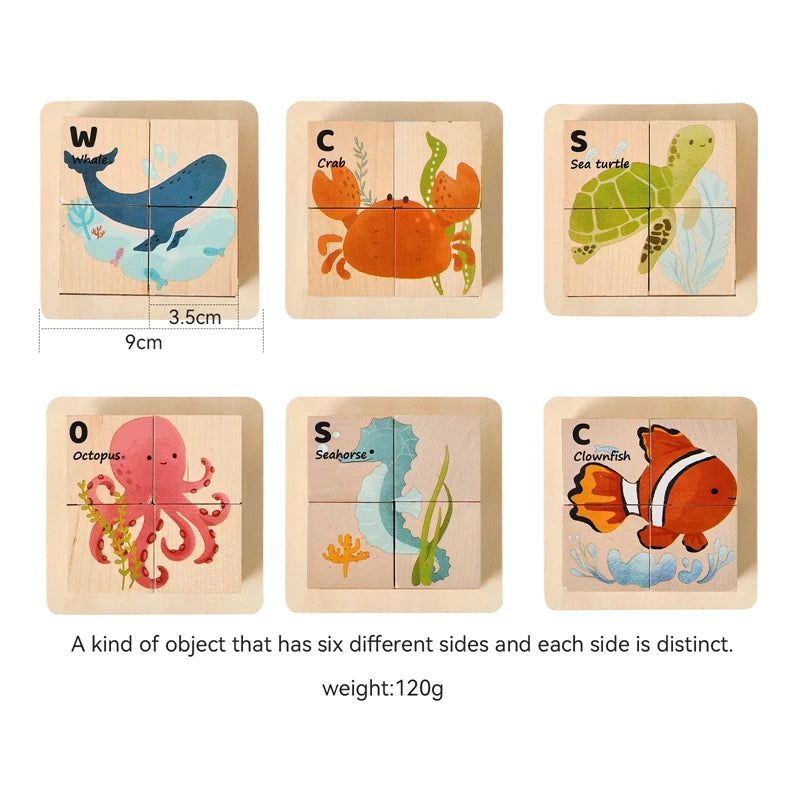 Baby Wooden Blocks Toy Children Six Side Cube Jigsaw Puzzles Game Animal Traffic Cognize Early Learning Educational Toy Kid Gift