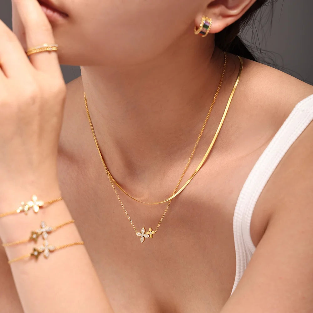 Necklace Bracelet For Women Stainless Steel Zircon Waterproof 4 Petals Flower Pendant Waterproof Chain Charm Jewelry Gift