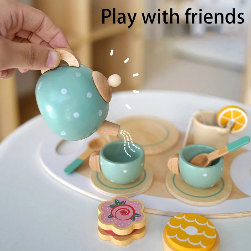 Girls Toys Wooden Afternoon Tea Set Children's Toy Kitchen  Pretend Play Set Toaster Coffee Maker Ice Cream Kids Educational Toy