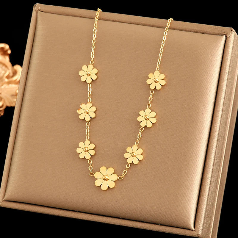 GANEMLY 316L Stainless Steel Daisy Flowers Necklace Earrings Bracelets For Women Fashion Waterproof Jewelry 4-Set Lady Gift