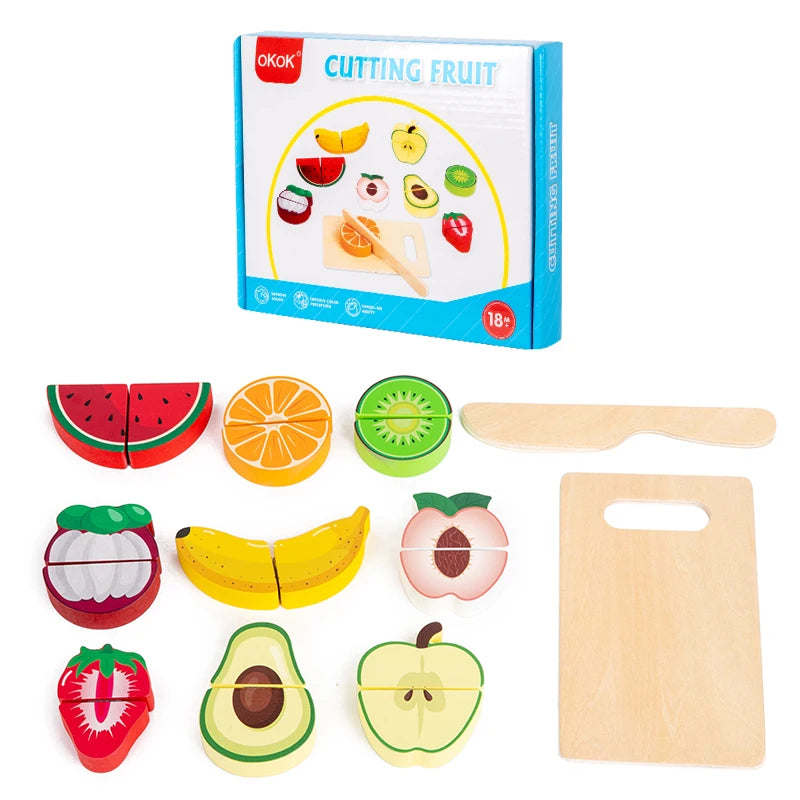 1pc Wooden Kitchen Pretend Play Food Cutting Toy with Storage Bag Suitable for Children 18 Months and Up