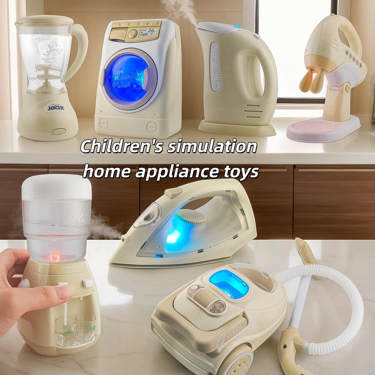 Children's simulated small household appliances, such as washing machines, vacuum cleaners, irons, juicers, and toys