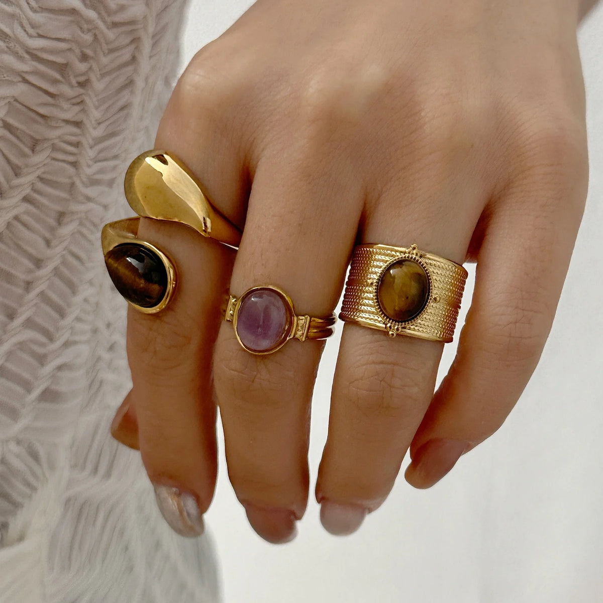 Stainless Steel French Vintage Ethnic Color Gemstone Ring for Women Punk Personality Stackable Open Finger Ring Hand Jewelry
