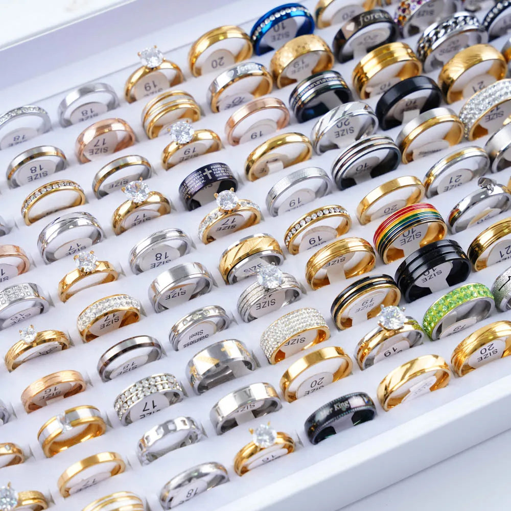 10/20/50/100Pcs/Lot Fashion Stainless Steel Stripe Heart Hollw Rings For Men Women Mix Style Simple Jewelry Party Gifts