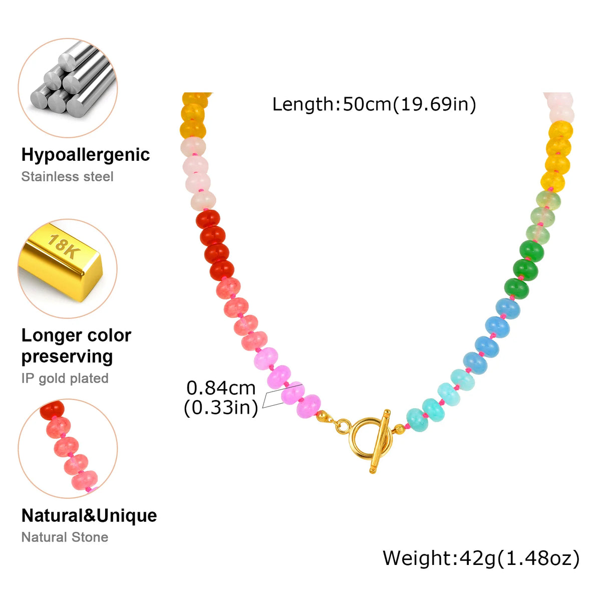 Unique Colored Natural Stone Necklace,Women's Stainless Steel OT Buckle Bead Chain Necklaces,Fashion Jewelry Gifts