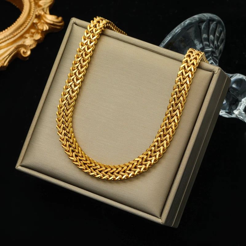 EILIECK 316L Stainless Steel Double Color Oval Necklace Bracelet Set For Women Hip-Hop Punk Twists Neck Chain Jewelry Gift