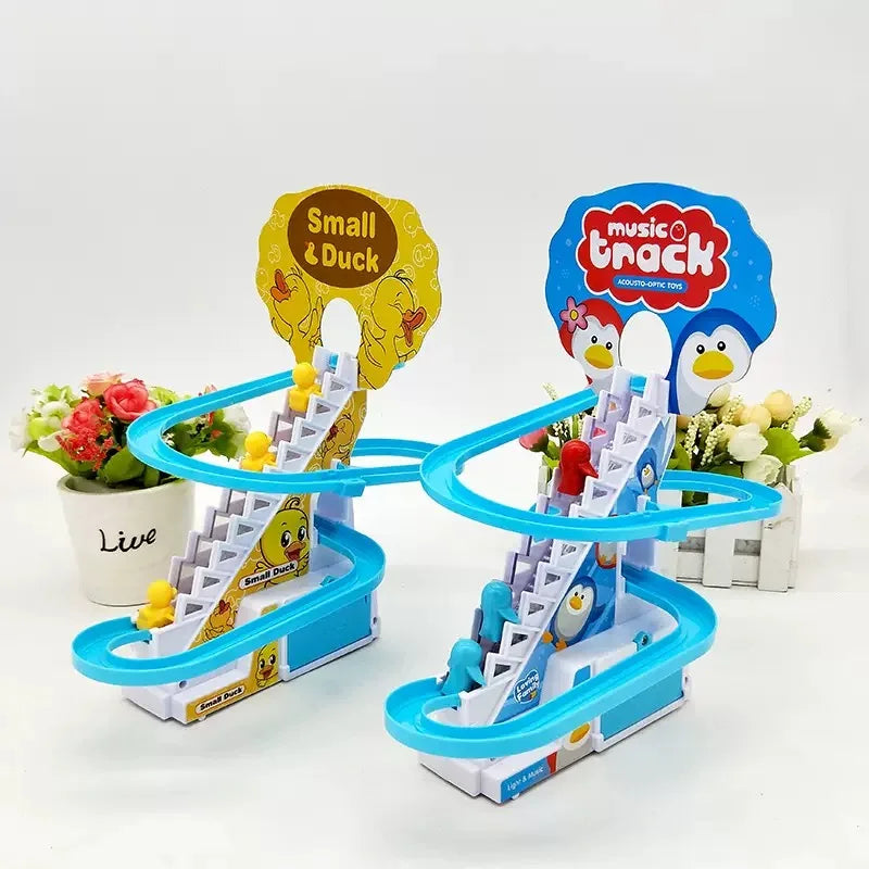 Climbing Stairs Track Toys Electric Duck DIY Rail Racing Track Roller Coaster Toys Set Light Music Educational Toy For Kids Gift