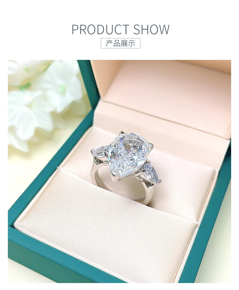 925 sterling silver European and American classic three stone water droplet ring inlaid with imported high carbon diamond
