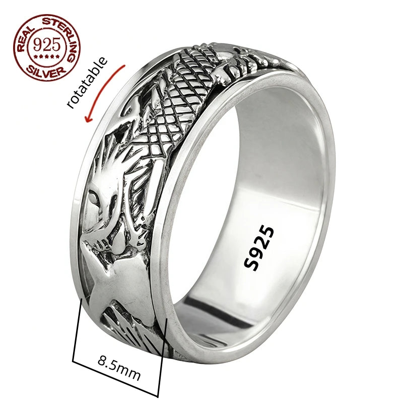 S925 Sterling Silver Ring Men Women Retro Buddhist Six-Character Great Mantra Ring Male Female Amulet Jewelry Exquisite Gift