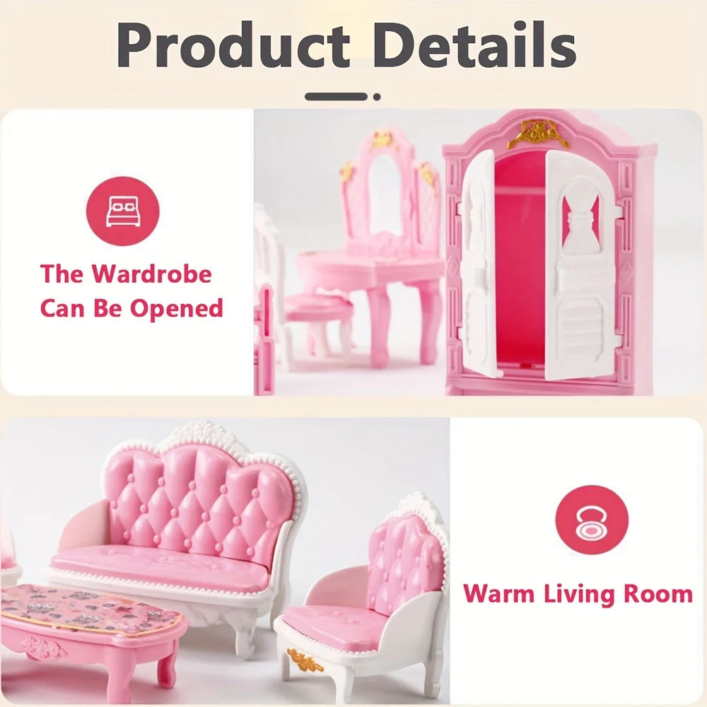 Pink Miniature Dollhouse Furniture Accessories Set Mini House Furniture Room Collection with Bedroom Living Room Kitchen Bathrom