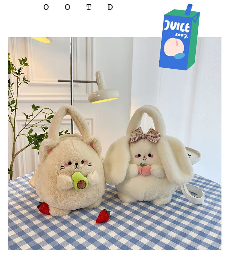 New Rabbit Kitten Plush Toy Backpack Stuffed Animal Rabbit Hold Peach Cat Hold Avocado Portable Shoulder Bag Girl Birthday Gifts