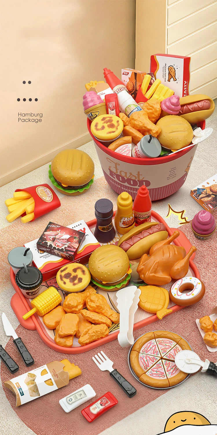 Children Food Kitchen Toys Set Girl Pretend Play House Simulation Bread Burger Pizza Cooking Game Kitchen Play Props Accessories