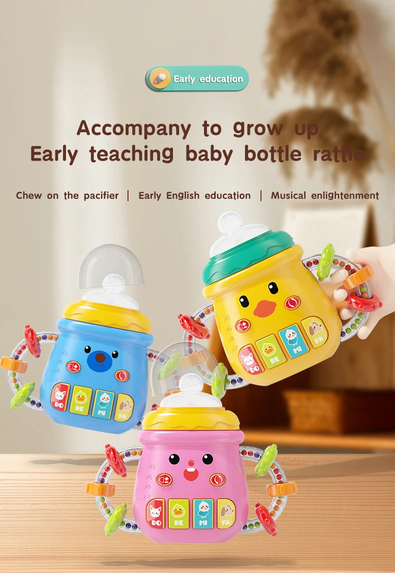Baby Musical Pacifier Rattle Toys Early Educational Feeding Bottle Soft Teether Light Soothing Shaker Newborn