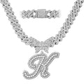 Men Women 14MM Cuban Chain Crystal Butterfly Initials Name Pendant Necklace Iced Out Cursive Letters Rapper Necklace Jewelry New