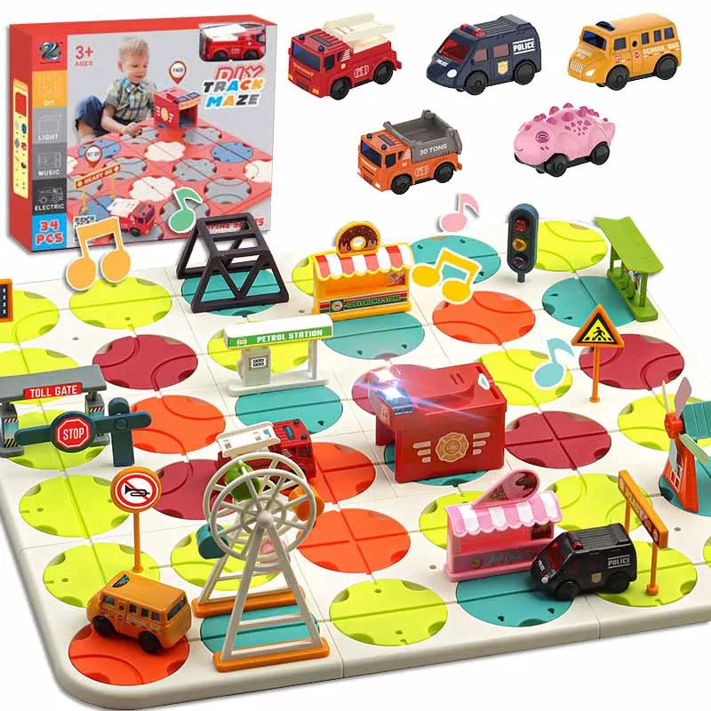 Kid Track Car Puzzle Set Toy DIY Assembling Maze Map Sound Light Electric Rail Car Logical Thinking Trainting Intellectual Game