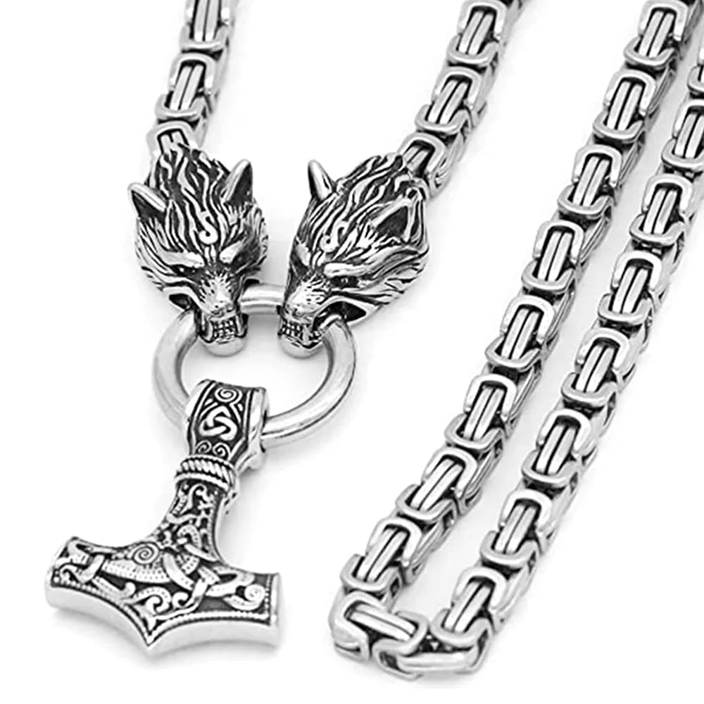 Stainless Steel Wolf Head Pendant Byzantine Emperor Chain Necklace Bracelet Set Norse Viking Amulet Thor Hammer King Jewelry