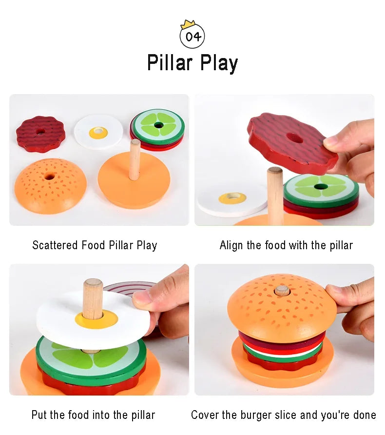 Children Pretend Play Kitchen Wooden  Toys Hamburger Sandwich Simulation Food Matching Games Montessori Educational Stacking Toy