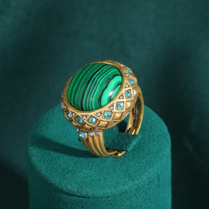 Vintage Wedding Rings for Women Round Blue Natural Oval Green Crystal Horse Eye Shape Glass Retro Pattern Gold Color Jewelry