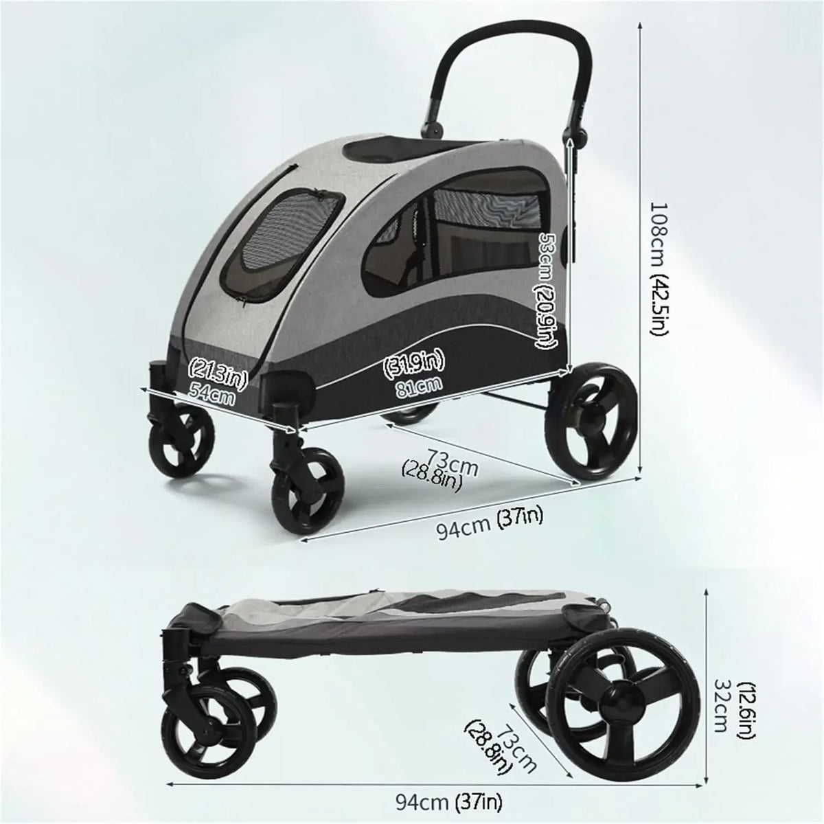Large Pet Stroller 4 Wheels Dog Carrier with Brakes Portable Puppy Travel Strollers with Breathable Windows Adjustable for Cats