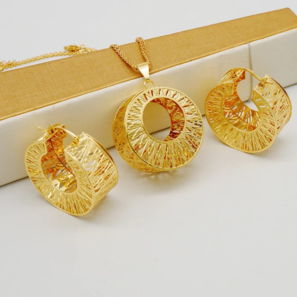 Fashion Dubai Jewelry Sets Gold Color Pendant Copper Classic Earrings Necklace For Women Daily Wear Party Anniversary Gifts