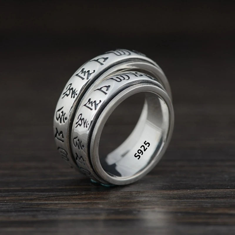 Factory Price S925 Silver Sanskrit Mantra Rotating Men's Ring Literary Simplicity Retro Personality Ring Jewelry Creativity Gift