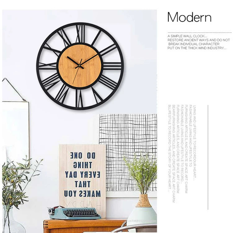 3D Large Wall Clocks Nordic Roman Numerals Retro Round Wood Metal Iron Accurate Silent Hanging Ornament Living Room Decoration