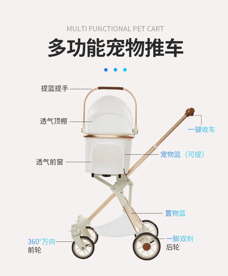 Lightweight White High View Pet Stroller One-click Foldable Cart for Small Medium Dogs Cats Outdoor Travel Pet Supplies Hot Sale