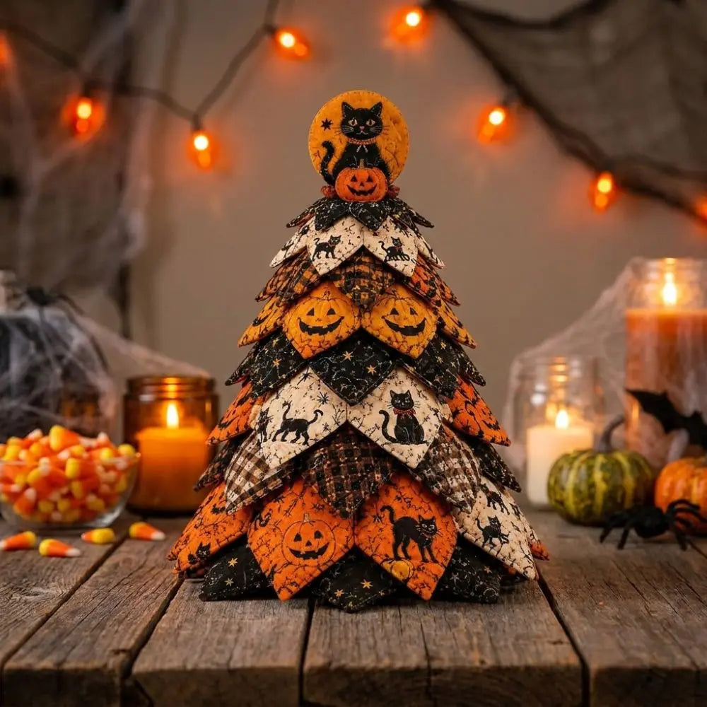 Vintage Halloween Quilted Fabric Tree Kit Pumpkin Ghost Black Cat Spider DIY Patchwork Tabletop Tree Set Tree Ornament 3D Thick