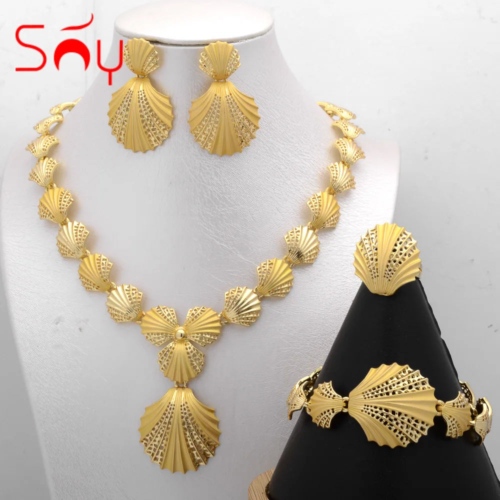 Sunny Jewelry Set Costume Shell Earrings Necklace Bracelet Ring Simple Design Gold Plated For Women Bridal Wedding Party
