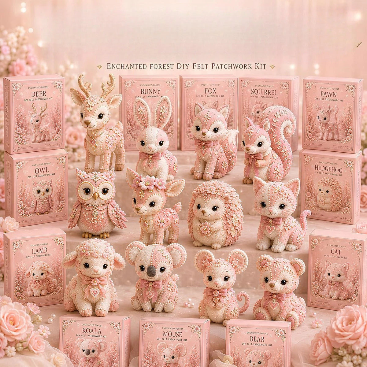 Pink Forest Friends DIY Patchwork Collection, All-Inclusive Sewing Kit to Make Cute Woodland Animals, Household Hobby Decor Gift