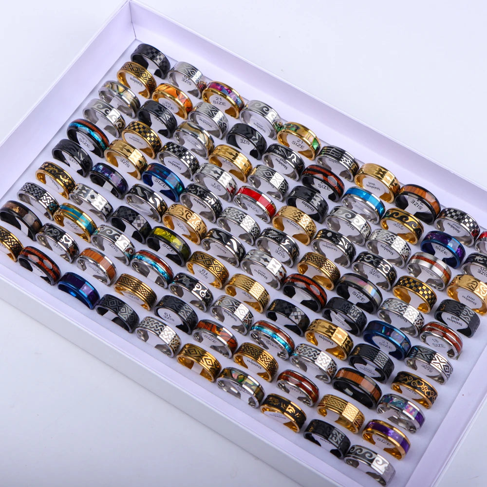10/20/30/50Pcs/Lot Stainless Steel Fashion Ring Wood Grain Ring Men's Wedding Ring Women's Party Mixed Style Random Style