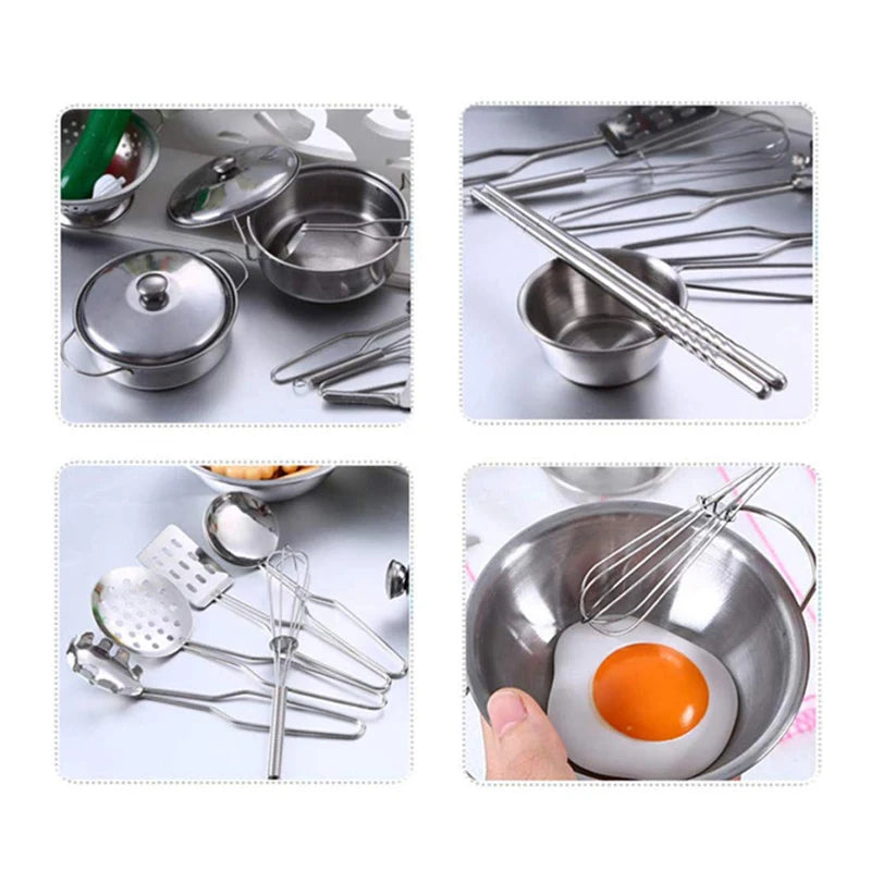 Children Metal Stainless Steel Material Pretend Play Food Kitchen Cookware Set Toy Mini Cooking Game Pot Shovel Kid Kitchen Toys