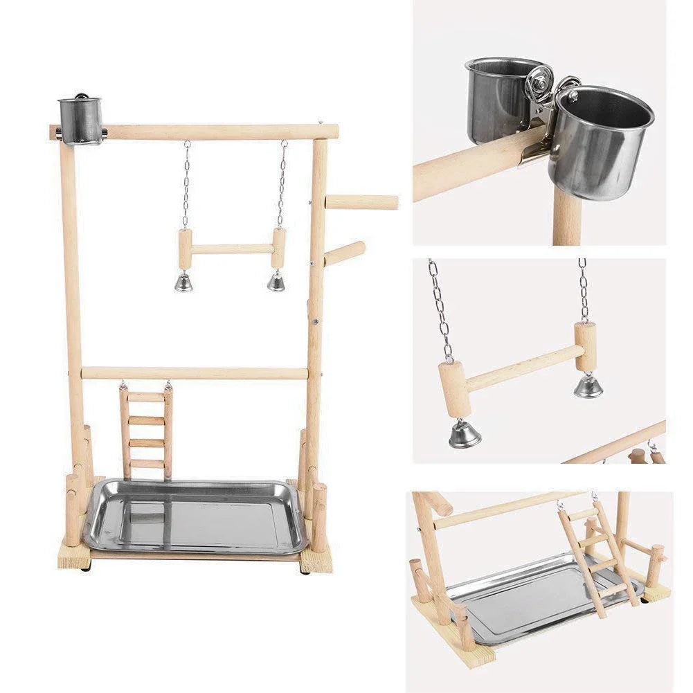 Parrot Playstand Bird Plays Stand Cockatiel Playground Wooden Perch Gym Playground Ladder with Metal Feeder Plate Toy