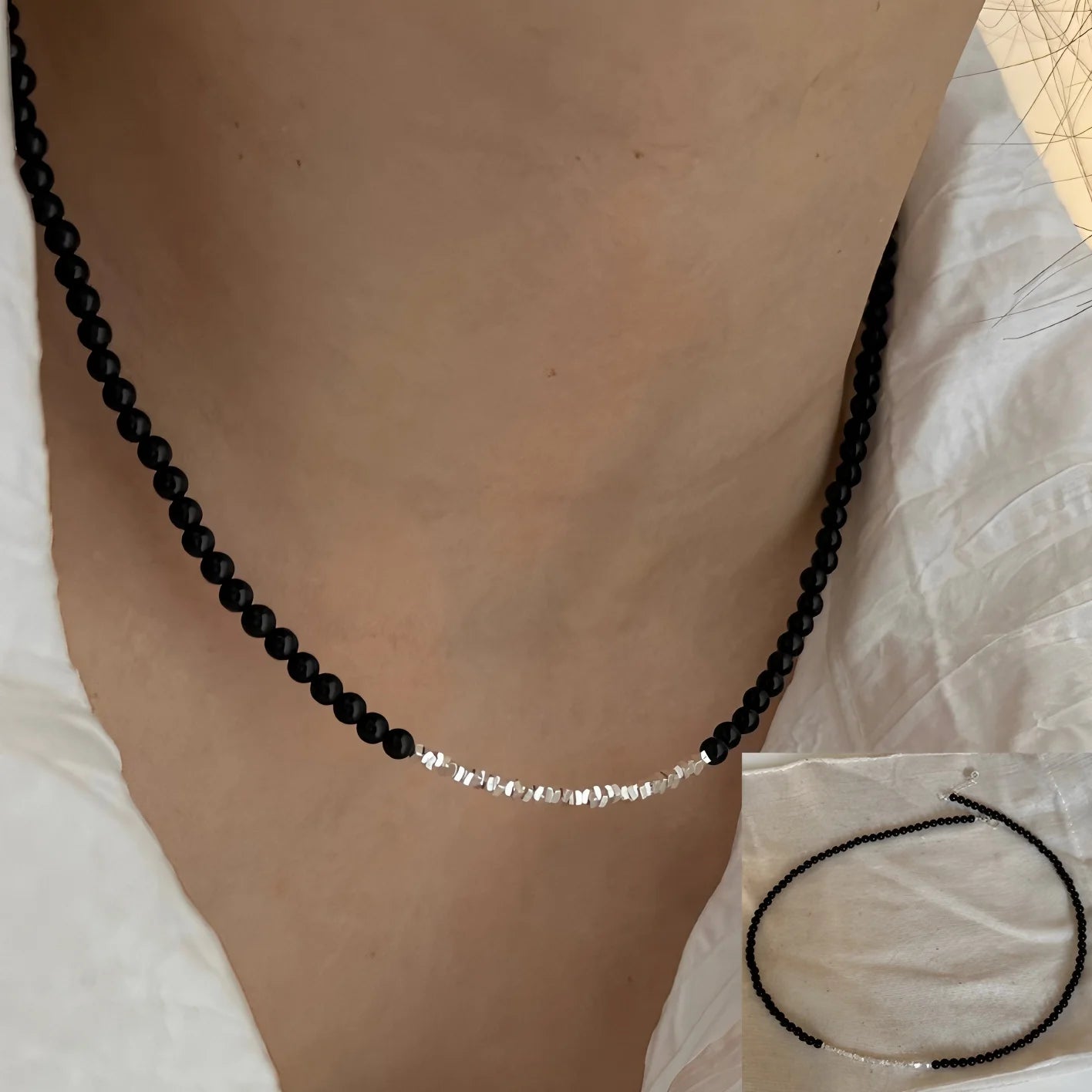 PANJBJ 925 Sterling Silver Onyx Necklace for Women Girl Concise Individuality Fashion Jewelry Birthday Gift Dropshipping
