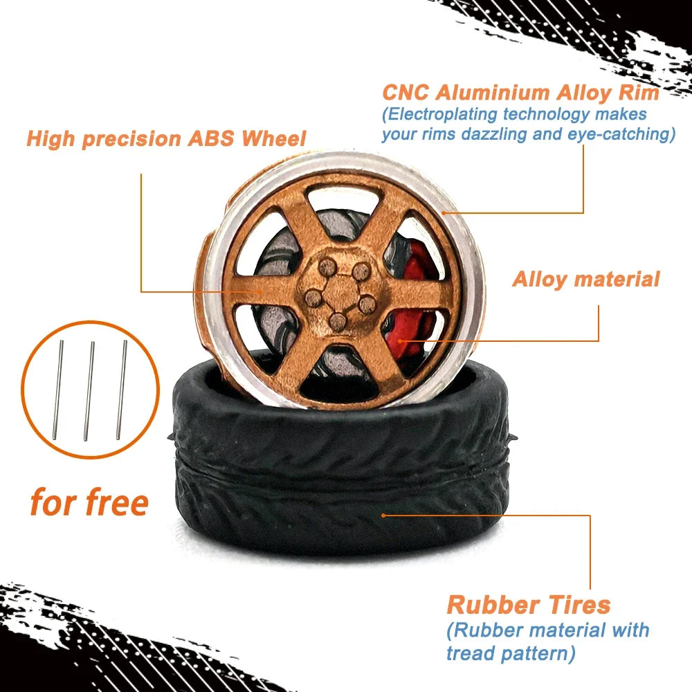 Kicarmod 1/64 Model Car ABS Wheels with Rubber Tire Brake Disc Metal Rims Diameter 10mm Refitting Parts For Model Car
