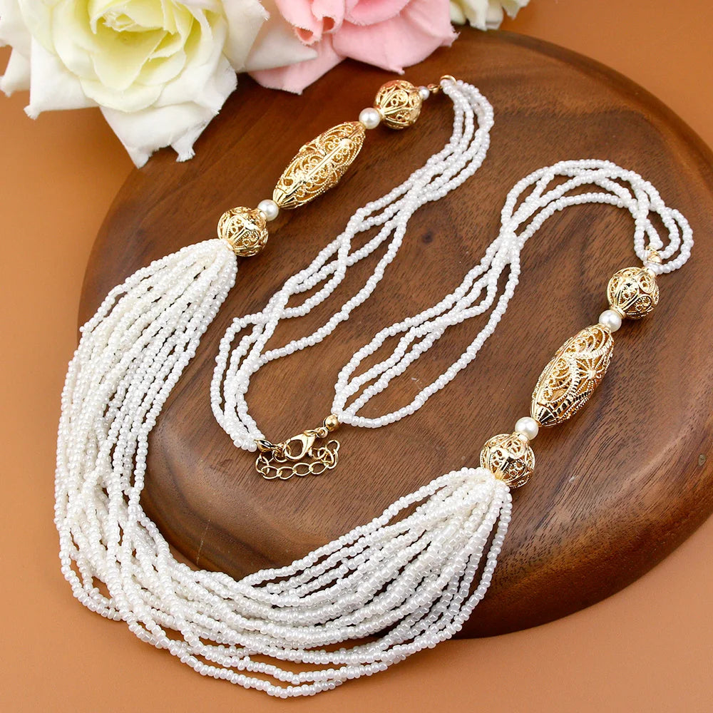 Sunspicems Chic Morocco Hand Bead Necklace Sets Crystal Earrings Rope Bracelet Arabic Women Bride Bead Wedding Jewelry Sets