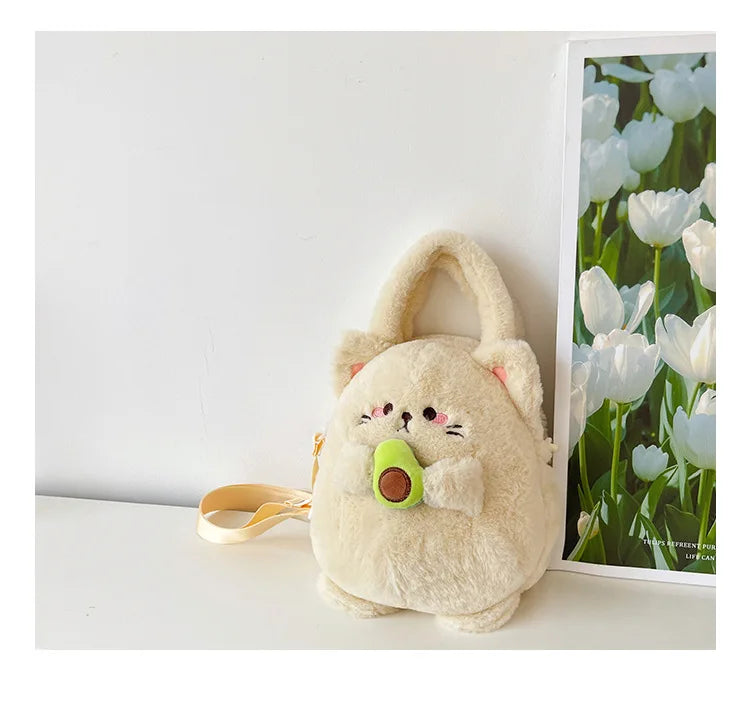 New Rabbit Kitten Plush Toy Backpack Stuffed Animal Rabbit Hold Peach Cat Hold Avocado Portable Shoulder Bag Girl Birthday Gifts
