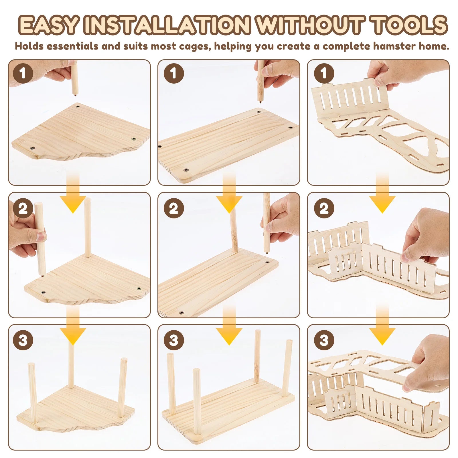 3Pcs Hamster Platform Natural Wood Hamster Climbing Toy with Ramp Tunnel Shelter Small Pet Resting Area Hamster Cage Accessories